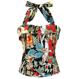 Women Shirts Retro Vintage 50s 60s Floral Printed Sleeveless Halter Slim Blouses Fashion Ladies Rockabilly Pin Up