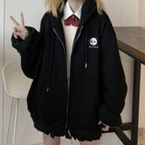 Kawaii Zip Up Hoodie Black Long Sleeve Harajuku Panda Ear Zipper Sweatshirts Girls Korean Fashion Women's Spring