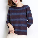 autumn Korean style ice silk striped print loose sweater women 3/4 sleeve casual fashion knitting pullover female