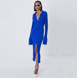 LongSleeve Bodycon Knitted Maxi Sweater Long Dress Lady Elegant Female Turn Down Collar Midi Split Slim Dresses