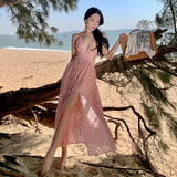 Zingj First Love Foreign Gas Lace Hollow Out Sexy Big Dew Back Deep Collar Long Money Big Place Dress Sanya Seaside