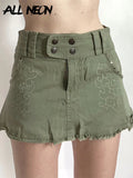 Y2K Fairy Grunge Cargo Pocket Trim Green Denim Skirts 90s Streetwear Vintage Low Waist Embroidery Frayed Hem Micro