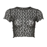 Summer Fashion Trend Women's New Round Neck Short Sleeve Mesh Net Open Umbilical Repair