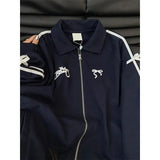 Blue Bow Stripe Zipper TrackJackets- Outfit
