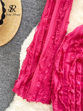 American Holiday Beach Suits Flare Sleeve V Neck Crop Top+One Piece Slim Skirt Fashion Folds Bandage Two Pieces