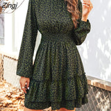 Green Leopard Tiered Flounce Mini Dress For Women Sexy Mock Neck Long Sleeve Party Dress 2023 Spring Autumn Female