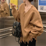 Zingj New Autumn-Winter 2023 V-Neck Sweater Female Loose Long Sleeve Lazy Wind Jacket Sweater Niche Style Broken Hole Sweater-Outfit