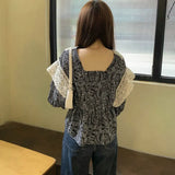 Women V-neck Lace Printed Lantern Sleeve Retro Elegant French Style Fashion High Quality Leisure Females Student Hot