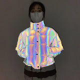 Autumn And Winter Short Sexy Reflective Female Cotton Clothes In High Collar Thick Down Cotton Coat Night Light Bread Clothes-Outfit