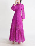 High-Level Elegant Lotus Leafy Dress 2025 Summer New Standing Collar Long Sleeves To Close The Waist Thin Hollow Dress Woman