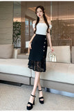 Black Lace Patchwork High Waist Pencil Skirt- Outfit