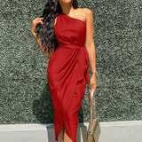 Neck Ruched Irregular Lacing Solid Satin Robe Dress Sexy Sleeveless Slit Midi Dresses Evening Party Vestidos Women