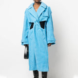 Zingj 2024 New Fashion Hollow Design Sense Kink Waist Show Thin Long Blue Plush Coat