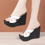 Slope Heel Slippers Women Summer 2024 Muffin Thick Soles Wear One-Word Flip-Flops Large Size Slippers Wear Fashionable Lacquered Leather