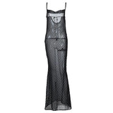 Women Autumn Summer Polka Dot Backless Sleeveless See Through Black Long Dress Sundress 2021 Fall Clothes