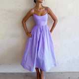 Women's New 2025 Spring Dress Solid Color Sexy U-Neck Waist Folding Sling