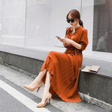 Elegant Single Breasted Women Pleated Dresses Full Sleeve Slim Waist A-line Dresses Casual Female Long Vestidos
