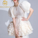 New Summer High Quality Beading Chiffon Women Dress Runway Designer Lantern Sleeve Slim Ruffles Ball Gown Party