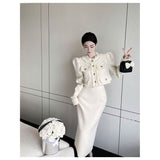 2-piece Set Skirts Jackets Stand Neck Tweed Short Coat Long Sleeve Korean Outwear Tops + Skirts Causal Elegant Women