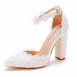 Cm White Lace Tip Hollow Women's Shoes Lace Wedding Dress Shoes Spring Coarse Square Root Tips