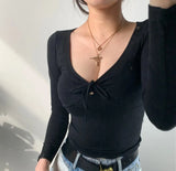 French Solid Color Autumn Winter Bottom V-neck Low Chest Sexy Hot Tight Long Sleeve Women Fold Bow T-Shirt Top