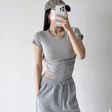 Zingj Trendy Women's Wear Summer New Wrinkled Round-Collar Blouse Shows Slim, Tall Waist, Short Style Navel Short-Sleeved
