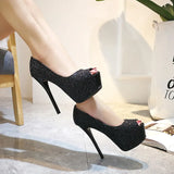 Zingj Fashion Sequins Fashion Sexy Nightclub Fish Mouth Ultra High Heel Waterproof Platform Shallow Mouth Women's Singles Shoes
