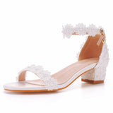 Cm Thick Heel Shallow Mouth With Beaded Square Sandals White Lace Wedding Shoes Coarse Heel