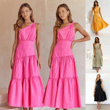 Zingj And Summer 2023 New Single Shoulder Knot Solid Color Fresh And Sweet Long Dress
