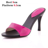 Voesnees 2021 New Women Brand Summer Slippers High Quality One Word Band Sandal Pure Colour Patent Leather High-Heeled