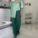 Plaid Green Pleated Wide Leg Pant Women Trousers Summer Bottoms Korean Fashion Loose Baggy High Waist Pants