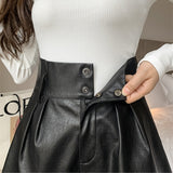 Autumn Winter Women's Faux PU Leather Shorts with Belted New High Waist Lady Elegant Short Trousers Pocket