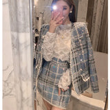 Blue French Small Fragrance Coat Women's Autumn 2021 New Temperament Celebrity Net Tweed Suit Skirt Two Piece
