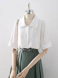 Design Double Turn Down Collar Women White Shirts Short Sleeve Summer Button Up OL Shirts Korean Casual Chiffon Female