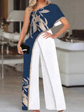 Fashion New Printed Wide Leg Pants Romper Elegant Female Loose Long Office Overall Commute Slash Neck Women Sexy