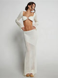 Women's Crochet Knit 2 Piece Skirt Set Hollow Out Crop Top Long Sleeve Backless Tie Up Club Bodycon Dress