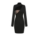 High-End Women's Sexy Hollow Splicing Long-Sleeved Dress Black Body-Body-Clawed Ass Banquet