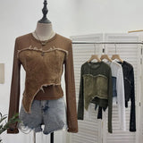 Design Feel Niche Cowboy Splicing Long-Sleeved Mesh T-Shirt Girl Summer Round Collar Dress Short Top