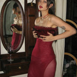 Strapless Red Feather Mesh Maxi Dress- Outfit