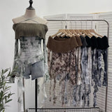 Real Shot Shoulder Cross Hanging Neck Knitting Mesh Yarn Coat Irregular Ribbon Horn Long-Sleeved T-Shirt