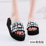 Shoes Women 2019 Summer High Platform Sandals Wedge Flip Flops Slope Handmade Slippers Female Crystal Flower