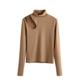 Sexy Skinny Turtleneck Top Woman Hollow Out Casual Long Sleeve T Shirt Skinny Spring 2021 Slim Tee Lady