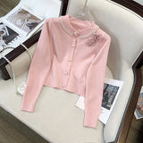 Zingj Version Small Sweet Wind Is Versatile Short Money Long Sleeve Sweater Qiu Dong New Style Sweet Stereo Flower Nail Bead Knit Cardigan Female-Outfit