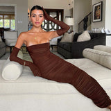 Brown Strapless With Cuff Sleeve Long Dress For Women Gown Summer Off-shoulder Backless Ruched Maxi Dress