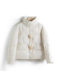 Sweet Wood Button Short Down Jacket Female 2024 Winter New Stand Collar Small Warm White Duck Down Bread Coat-Outfit