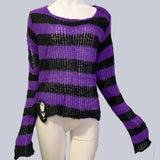 Gothic Long Unisex Sweater Summer Women Striped Cool Hollow Out Hole Broken Jumper Loose Rock Thin Dark Streetwear