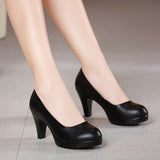 Genuine Leather shoes Women Round Toe Pumps Sapato feminino High Heels Shallow Fashion Black Work Shoe Plus Size