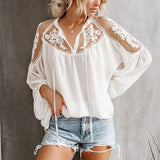 Sexy Lantern Sleeve Hollow Out Loose Chiffon Blouse Women Elegant Embroidery Lace Mesh Shirt Casual White Black
