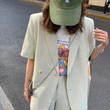 Sets Women Summer Simple Notched Short Sleeve Street Office Trendy Korean Style High Waist Baggy Cozy Female Two