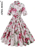 Arrivals Women Vintage 1950s Retro Rockabilly Prom Dresses Short Sleeve Button Front A Line Shirt Elegant Tunic Midi